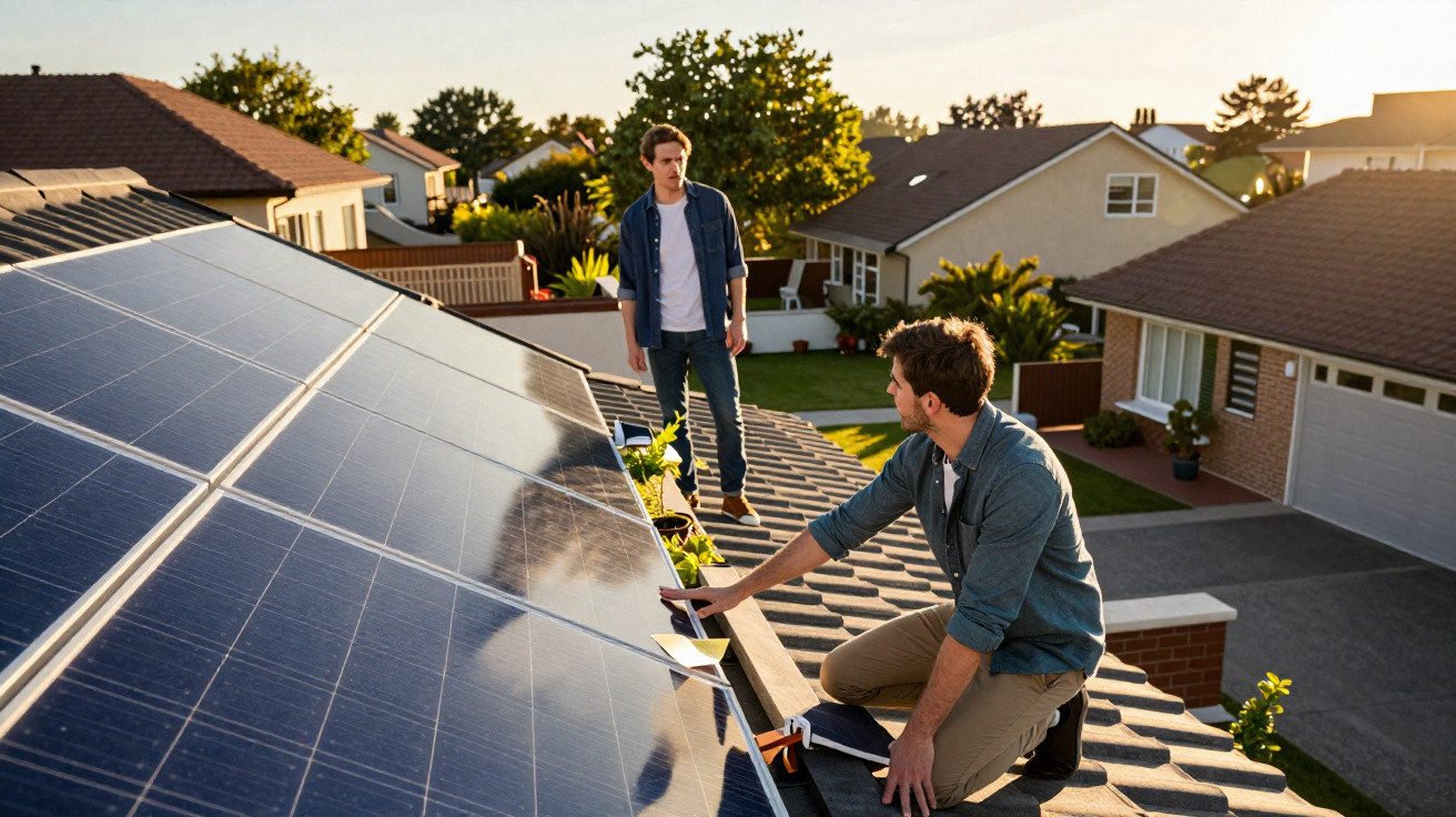 Zwei Männer installieren oder inspizieren Solarmodule auf dem Dach eines Hauses bei Sonnenuntergang.