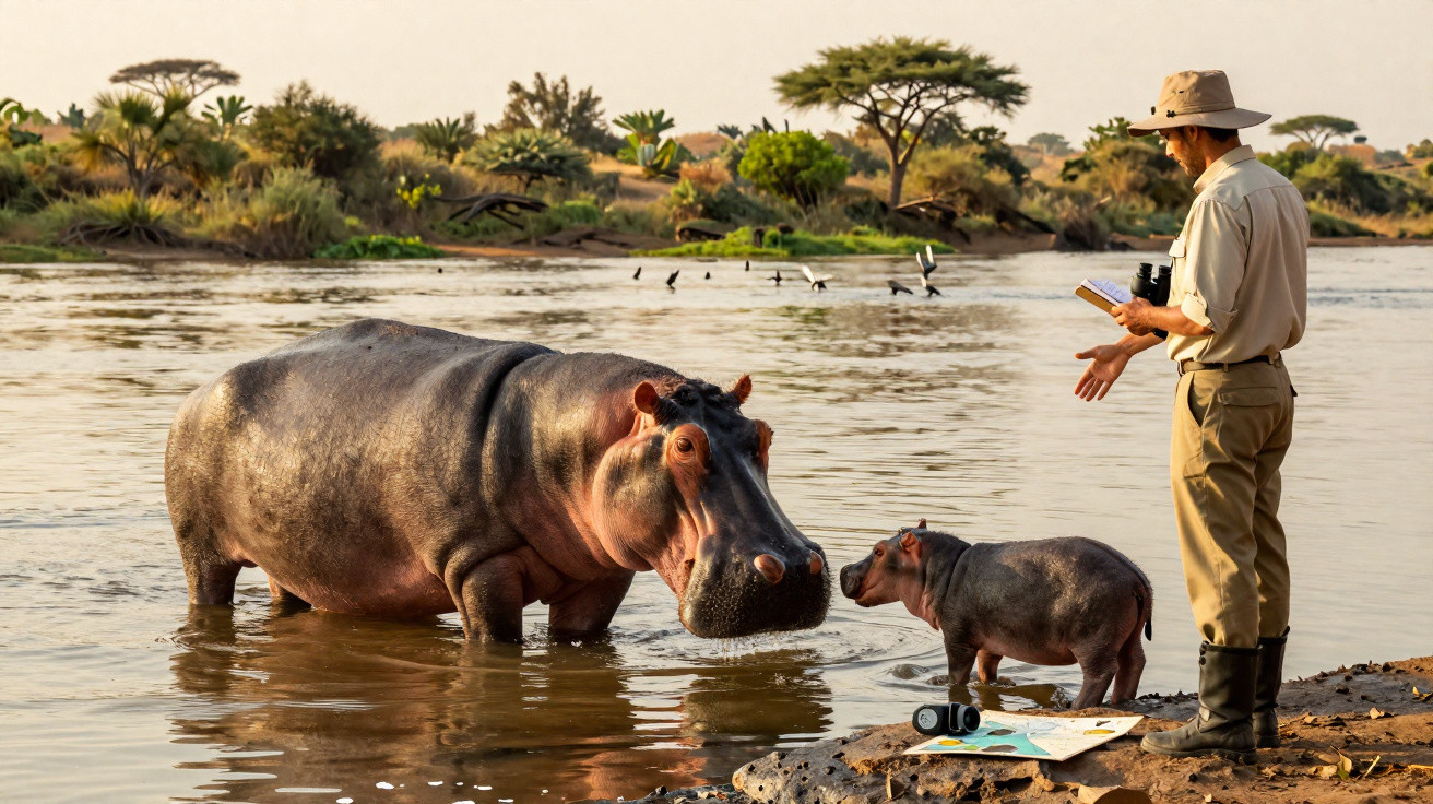 Ein Mann beobachtet ein Flusspferd und sein Junges am Flussufer in einer afrikanischen Savannenlandschaft.