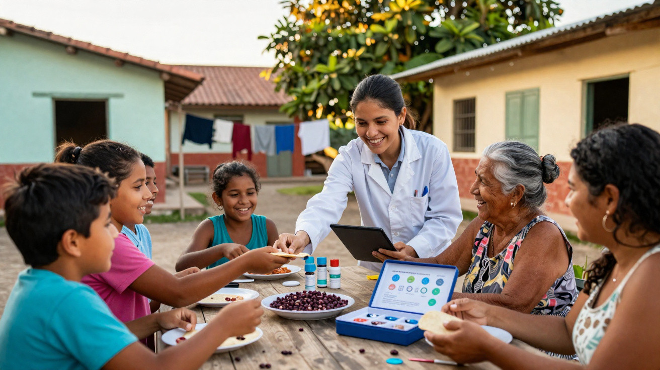 Gesundheitsexpertin erklärt Kindern und Senioren im Freien Ernährung mit Tablets und Musterlebensmitteln.