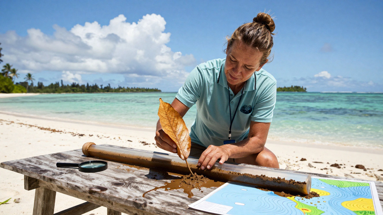 Frau untersucht Bodenprobe auf Holztisch am Strand mit Meer und blauem Himmel im Hintergrund.