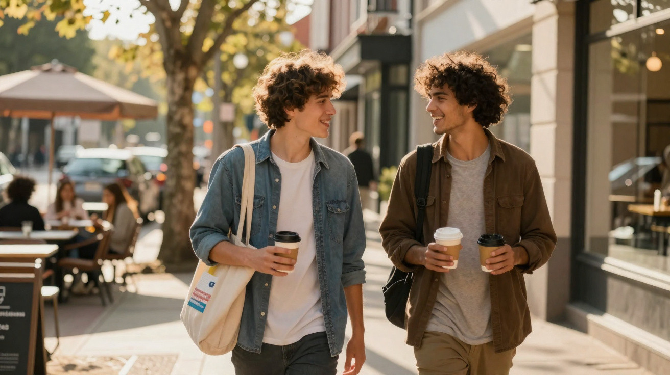 Zwei junge Männer laufen lachend mit Coffee-to-go-Bechern in der Hand eine sonnige Stadtstraße entlang.