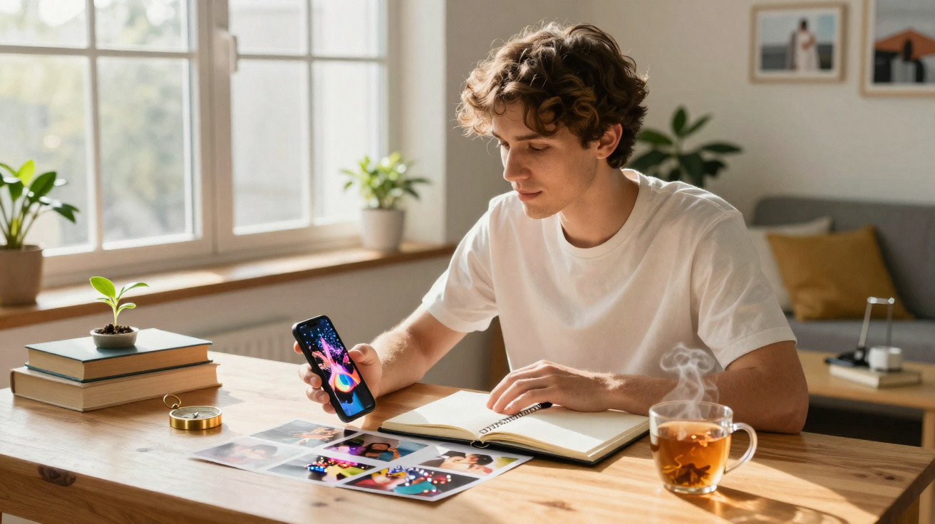 Junger Mann sitzt am Tisch, schaut auf Smartphone, daneben Notizbuch, Fotos und dampfender Tee.