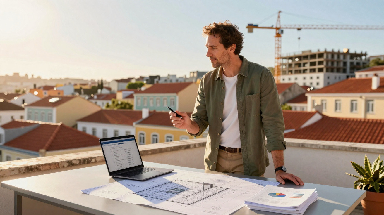 Mann steht auf Dachterrasse vor Bauplänen und Laptop, Blick auf Stadt und Baustelle bei Sonnenlicht.