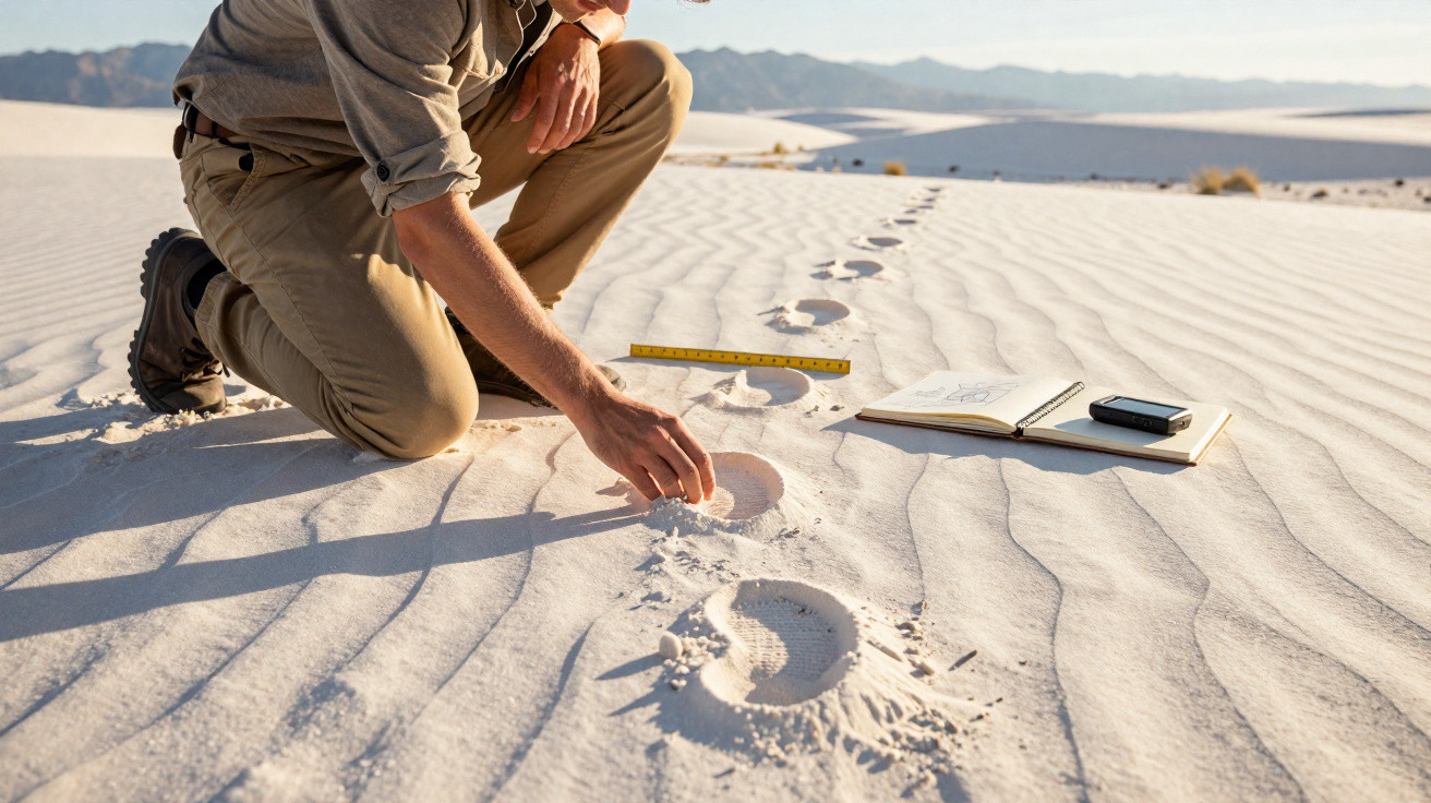 Forschender misst Fußabdrücke im Sand mit Lineal, neben Skizzenbuch und Gerät in einer Wüstenlandschaft.
