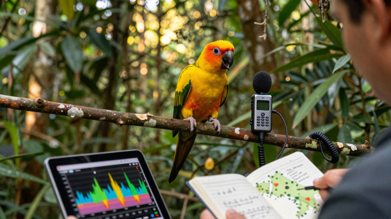 Bunter Papagei auf Ast mit Mikrofon, Forscher hält Notizbuch und Tablet mit Audioanalyse in Waldumgebung.
