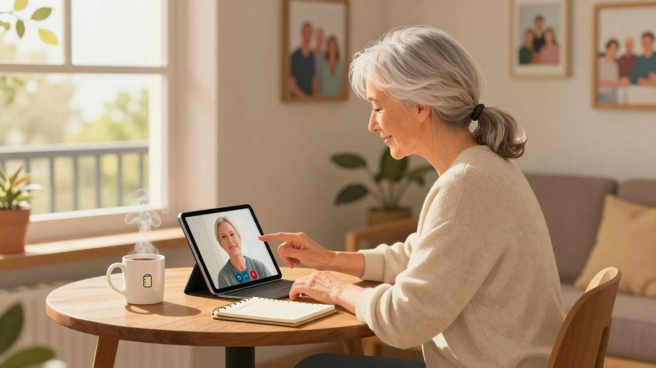 Ältere Frau führt Videoanruf auf Tablet, sitzt an Holztisch mit Notizbuch und dampfender Tasse in hellem Wohnzimmer.