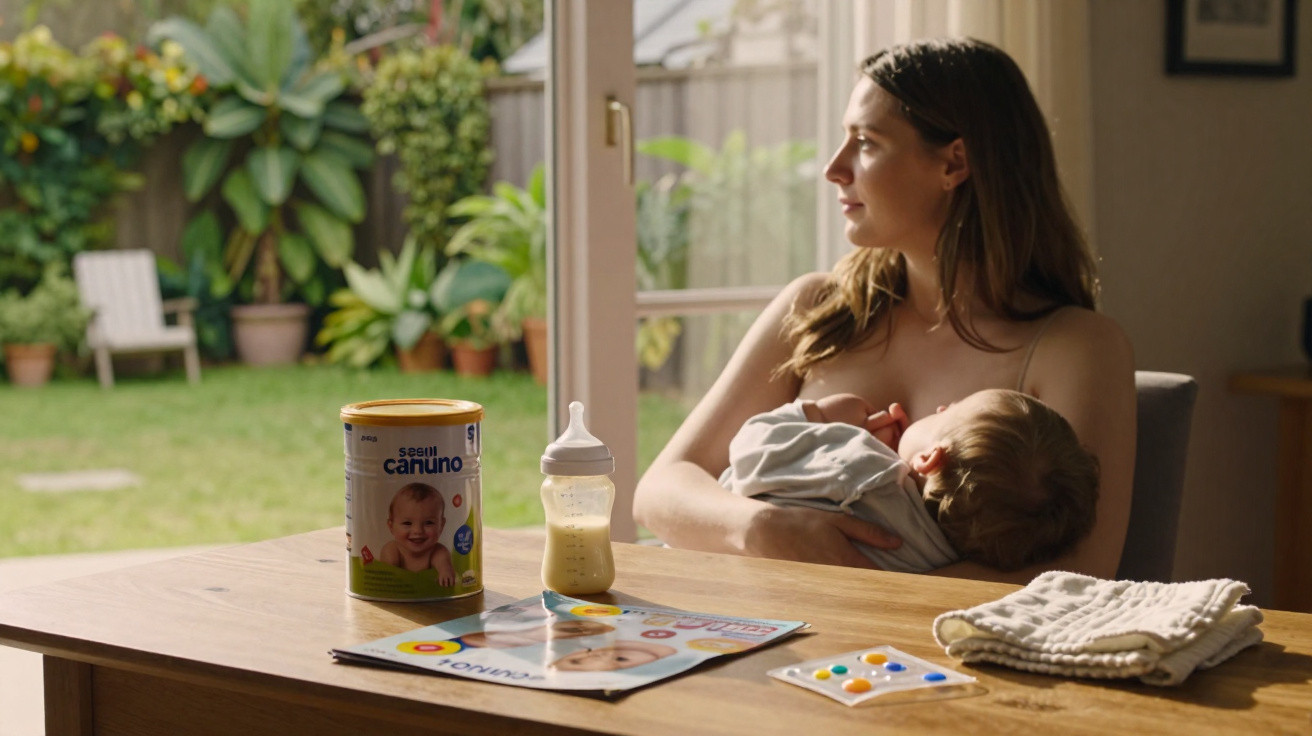 Frau stillt Baby am Tisch mit Milchpulver, Flasche und Babymagazin, im Hintergrund Garten mit Pflanzen.