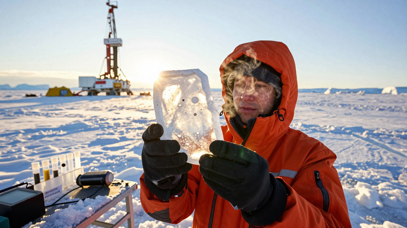 Forscher in rotem Parka untersucht durchsichtigen Eisblock im verschneiten Forschungsfeld bei Sonnenlicht.