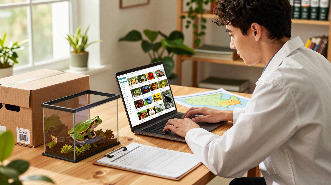 Junger Wissenschaftler in weißem Kittel arbeitet am Laptop neben einem Glascontainer mit einem grünen Frosch.