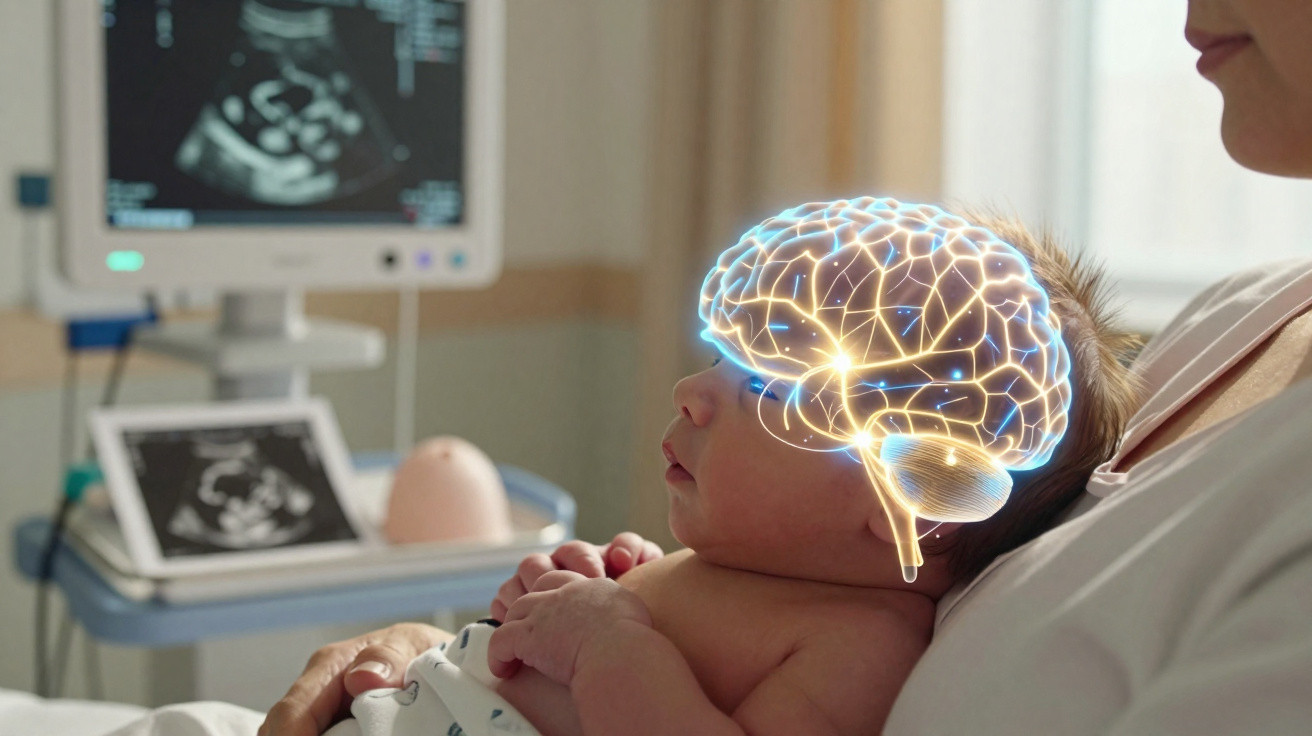 Baby auf dem Arm mit digitaler Gehirnillustration und Ultraschallbild im Hintergrund im Untersuchungsraum.