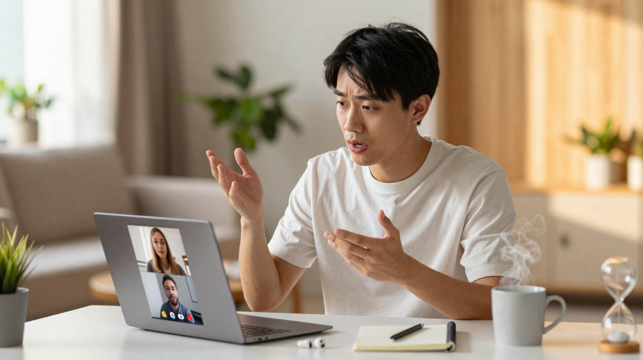 Junger Mann führt emotionales Videotelefonat am Laptop, sitzt am Schreibtisch mit Notizblock und dampfender Tasse.