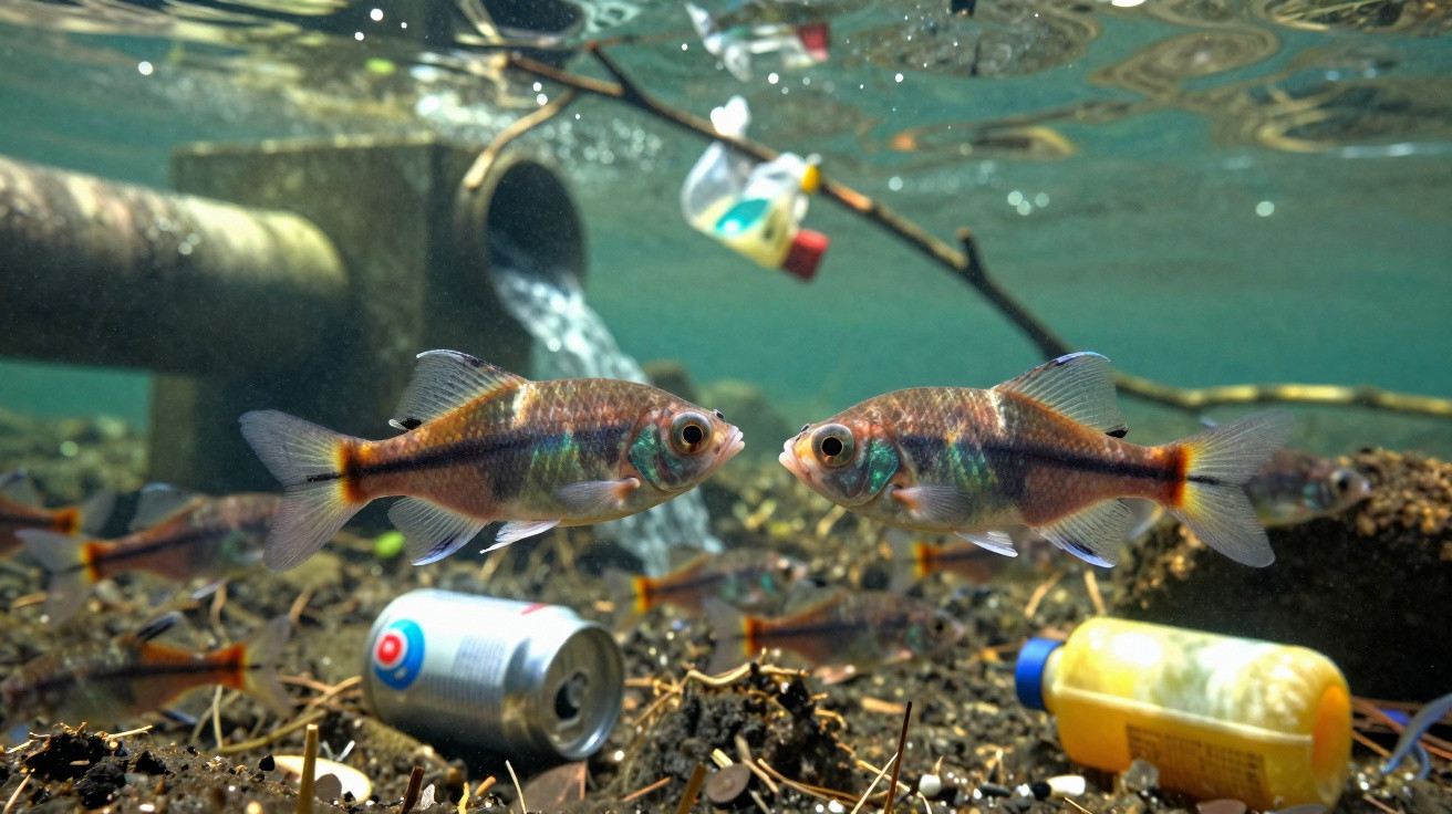 Zwei Fische schwimmen in verschmutztem Gewässer mit Dosen und Plastikflaschen auf dem Grund.