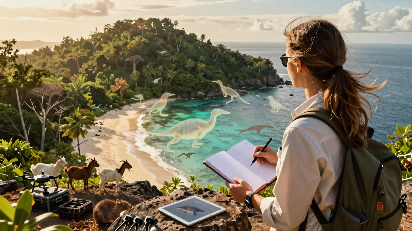 Frau mit Notizbuch beobachtet Strand und Insel mit eingeblendeten prähistorischen Tieren.