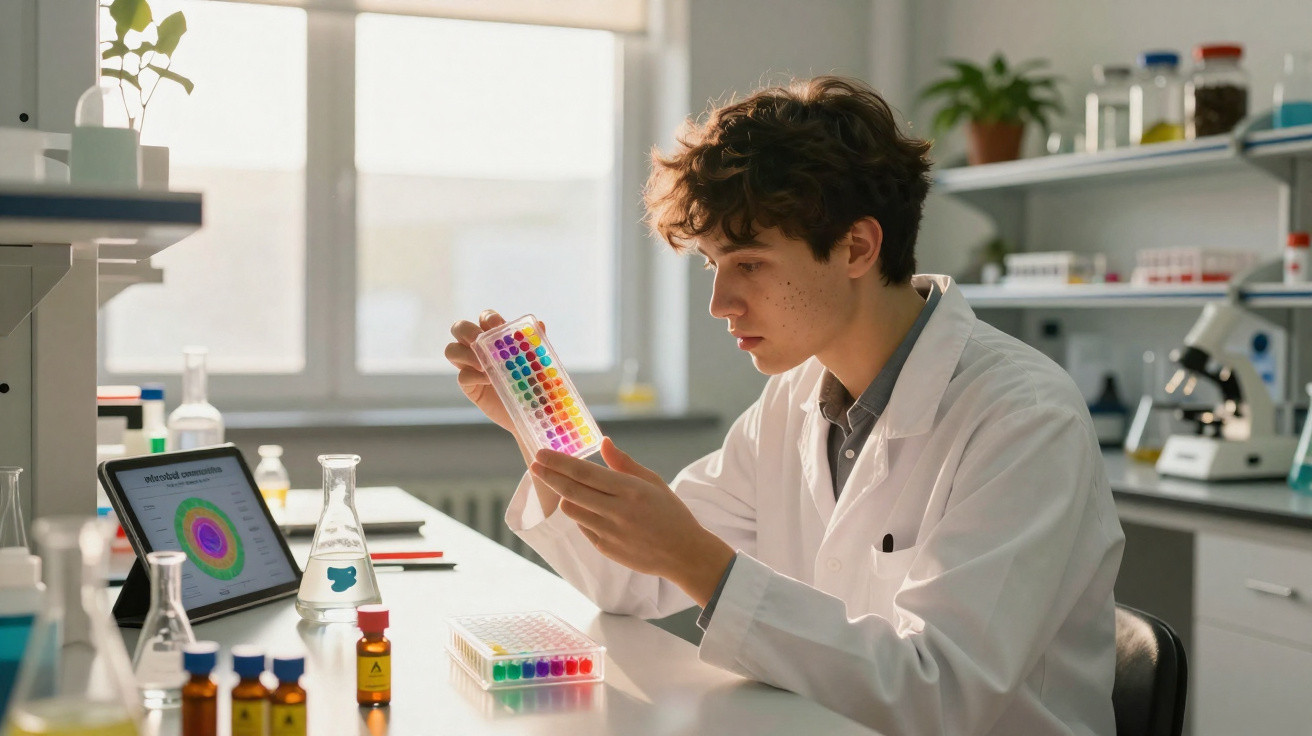 Junger Wissenschaftler im Labor untersucht eine bunte Probenplatte im weißen Laborkittel.