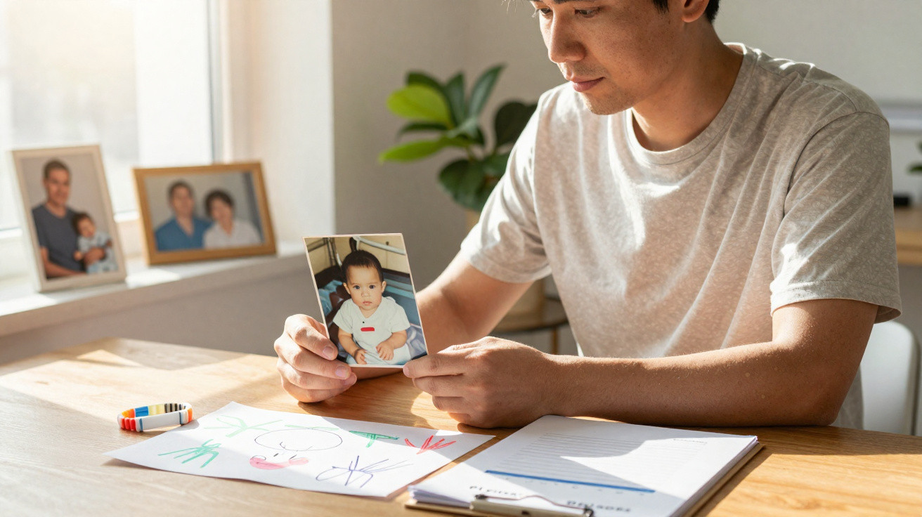 Ein Mann sitzt am Tisch und betrachtet ein altes Babyfoto in einem hellen Raum mit Familienbildern.