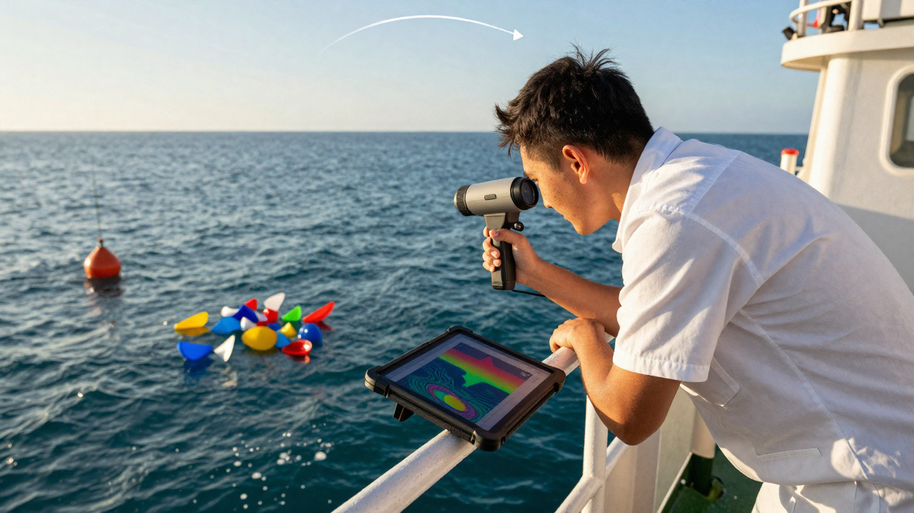 Mann auf Boot nutzt Gerät und Tablet zur Untersuchung farbiger Schwimmer im Ozean bei klarem Wetter.