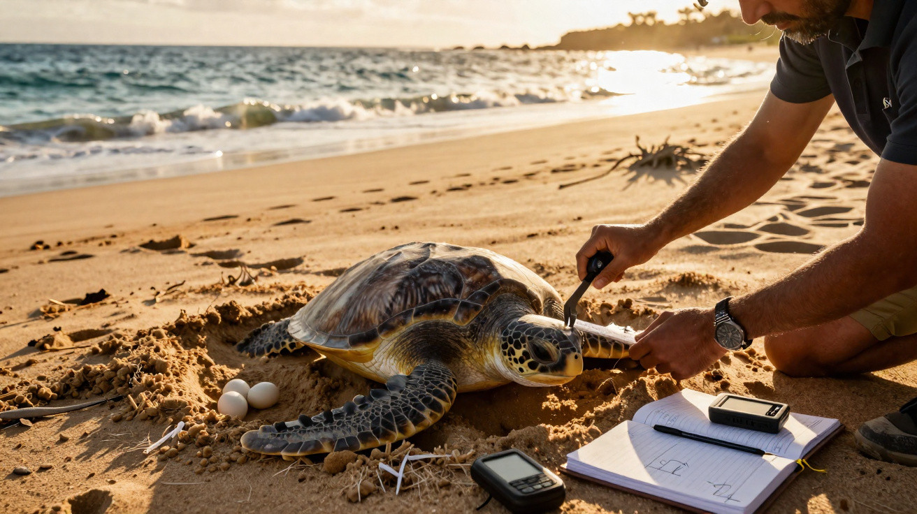 Mann untersucht Meeresschildkröte neben Nest mit Eiern am Strand bei Sonnenuntergang.