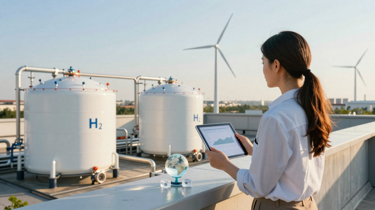 Frau mit Tablet vor Wasserstofftanks und Windrädern auf einem Industriegebäude bei klarem Himmel.