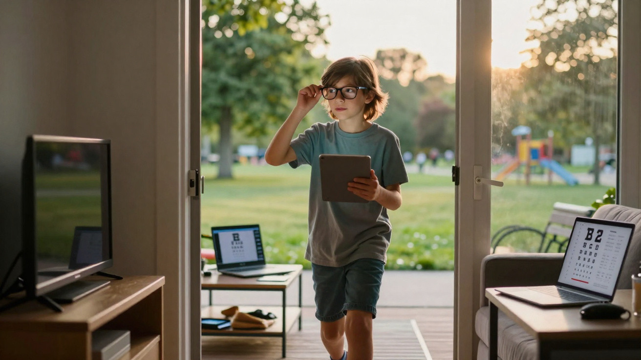 Junge mit Brille und Tablet betritt den Raum, im Hintergrund Fenster mit Blick auf Garten und Spielplatz.