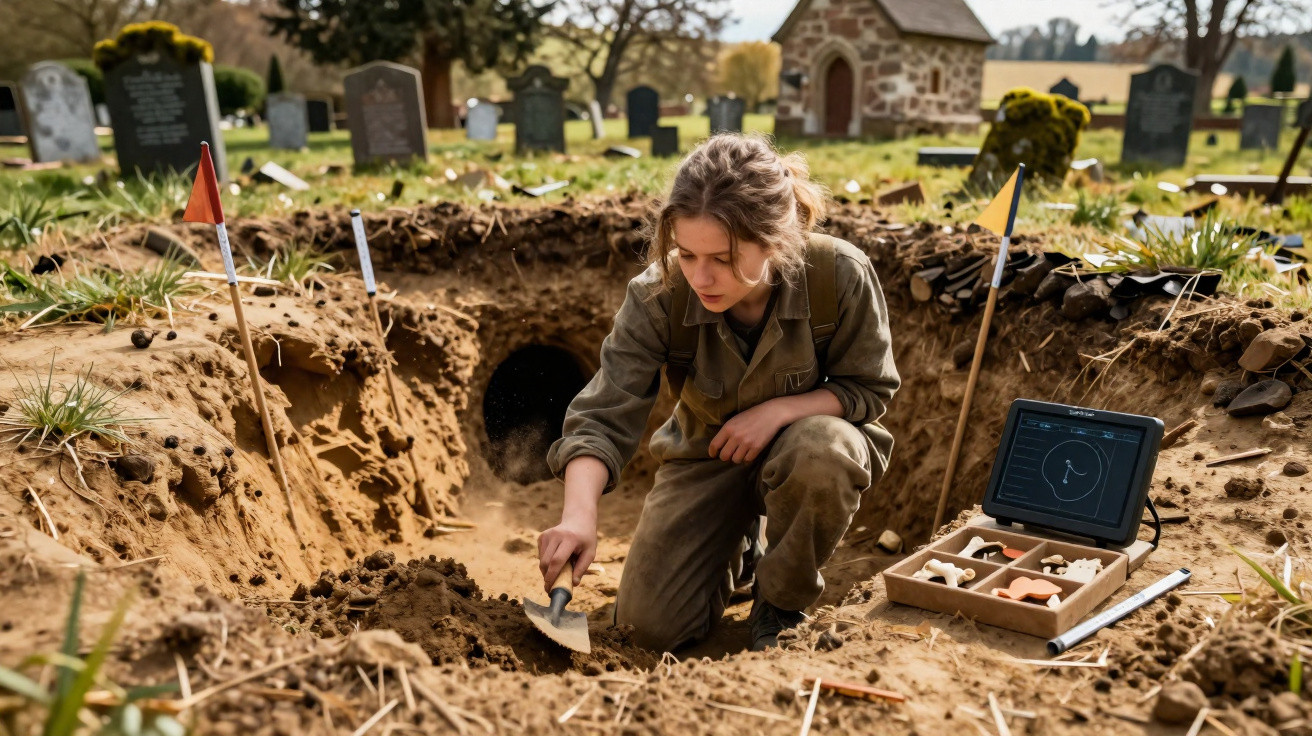 Frau gräbt im Friedhof mit Werkzeug und Ausgrabungsgerät in einer Ausgrabungsstätte nach Artefakten.