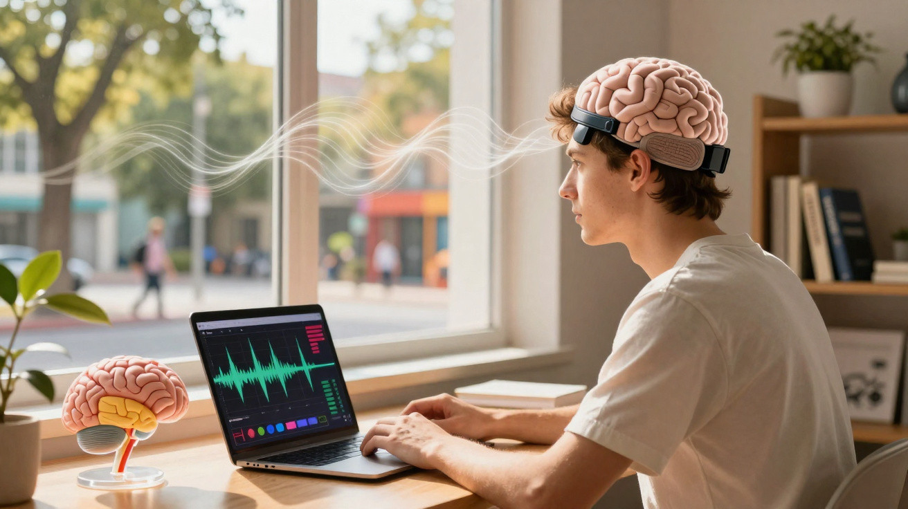 Junger Mann mit Hirn-Headset steuert Laptop mit Hirnwellendiagrammen, sitzend am sonnigen Fensterstuhl.