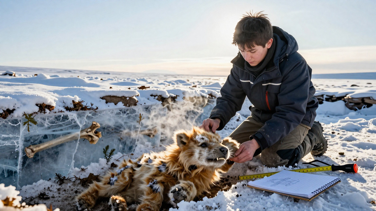 Junge in Winterkleidung untersucht ein lebensechtes Modell eines ausgestorbenen Tigermodells im Schnee.