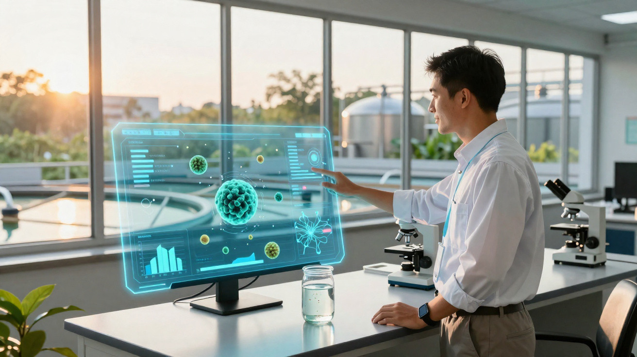 Forscher analysiert digitale Virenmodelle auf transparentem Bildschirm im modernen Labor mit Mikroskopen.