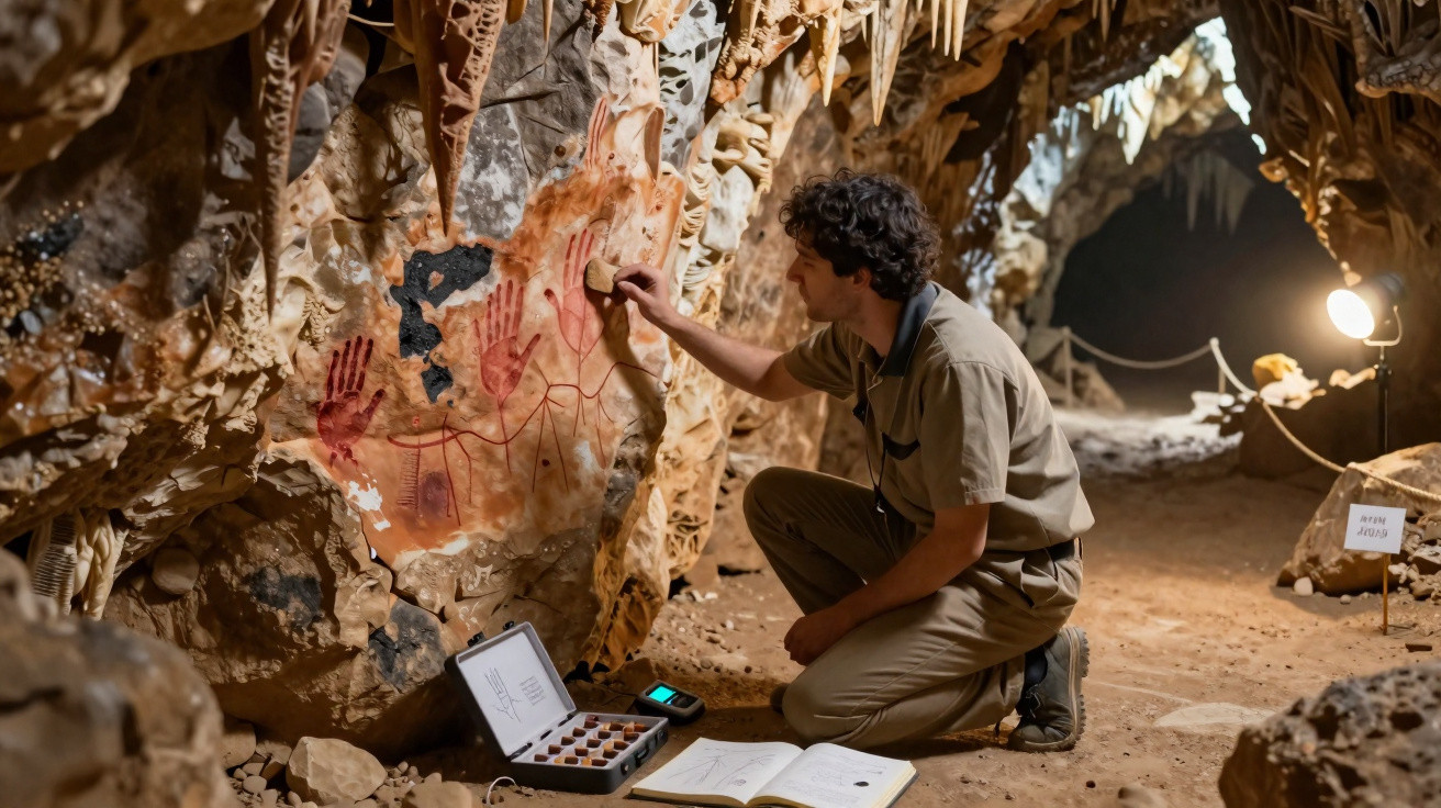 Forscher scannt prähistorische Handabdrücke an der Wand einer mit Stalagmiten bedeckten Höhle.
