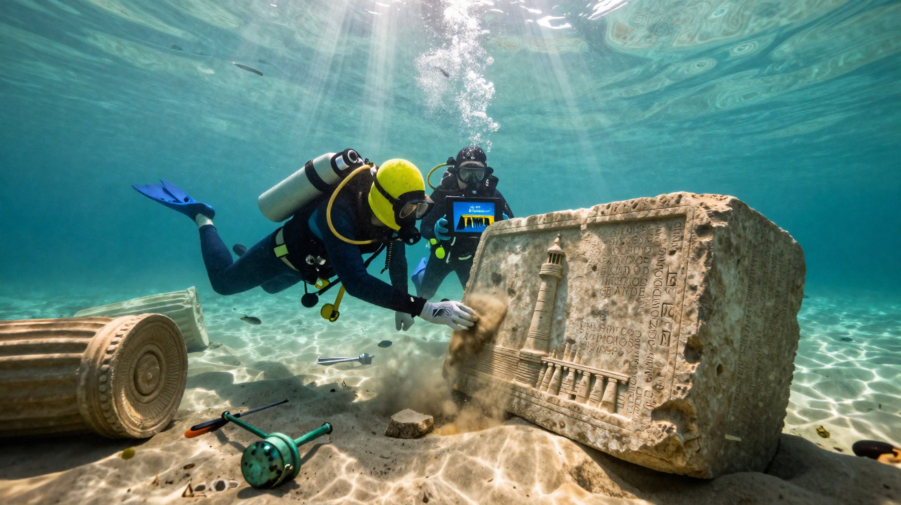 Zwei Taucher untersuchen und reinigen unter Wasser einen antiken Steinblock mit einer Leuchtturmrelief.