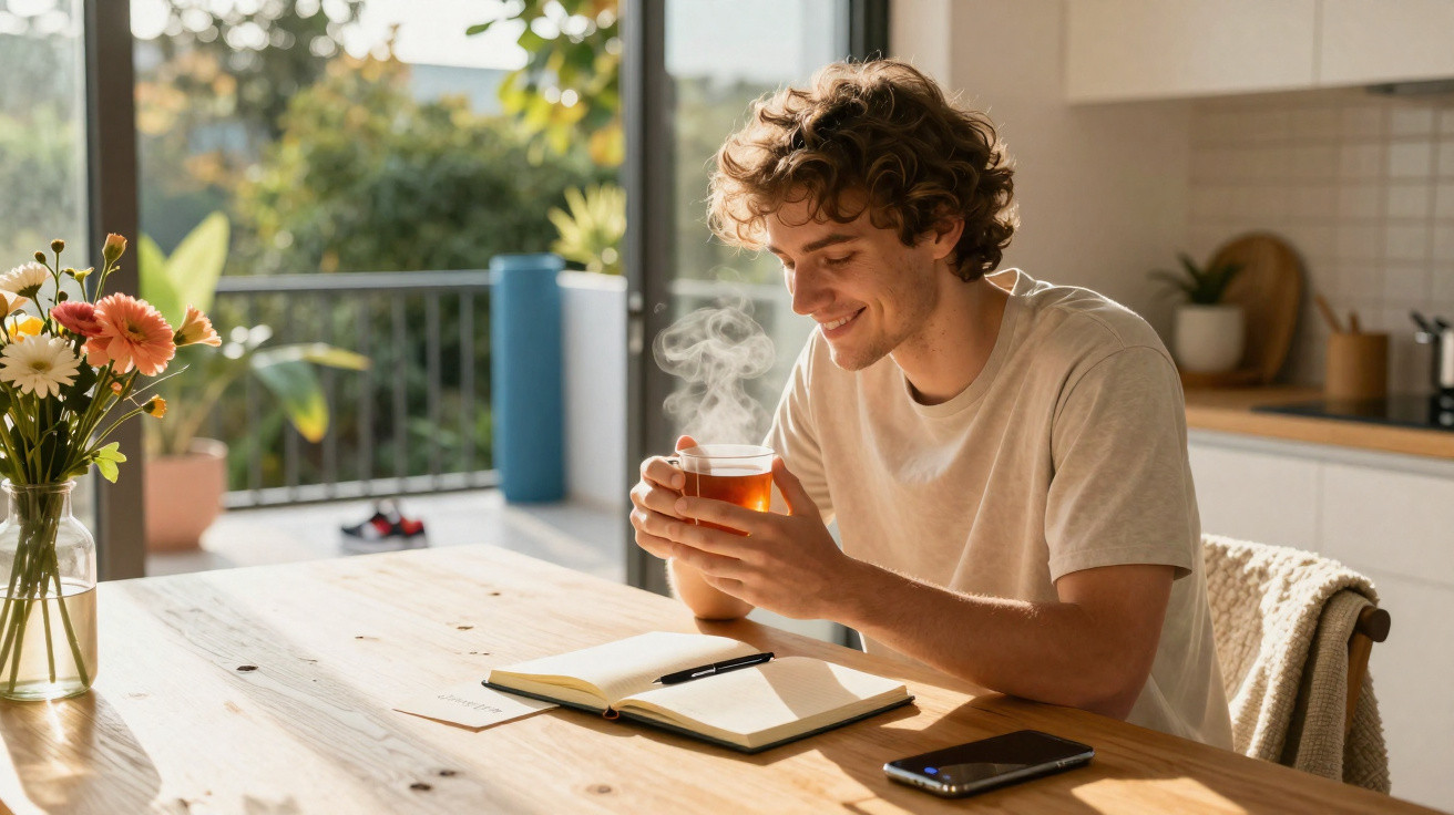 Junger Mann sitzt am Tisch, hält dampfende Tasse Tee und lächelt, neben ihm Notizbuch und Smartphone.