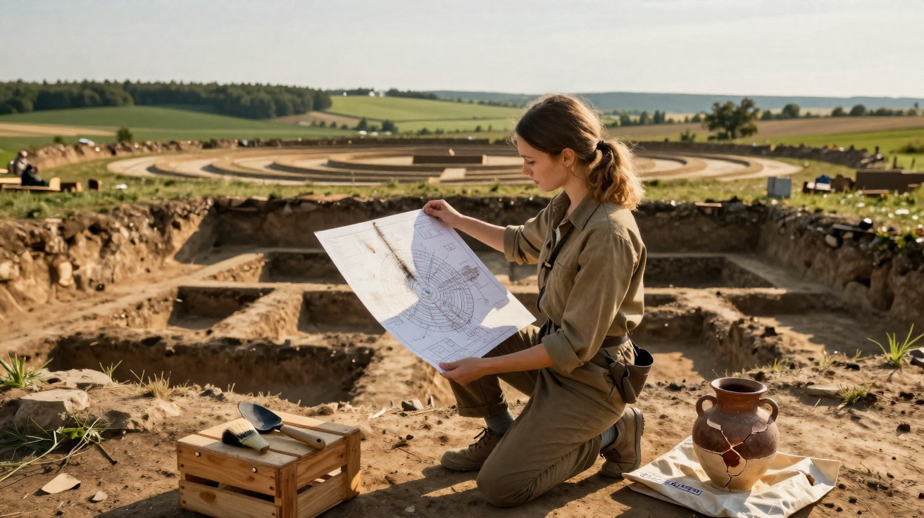 Archäologin untersucht Ausgrabungsstätte und hält eine Ausgrabungsplan an sonnigem Tag in der Landschaft.