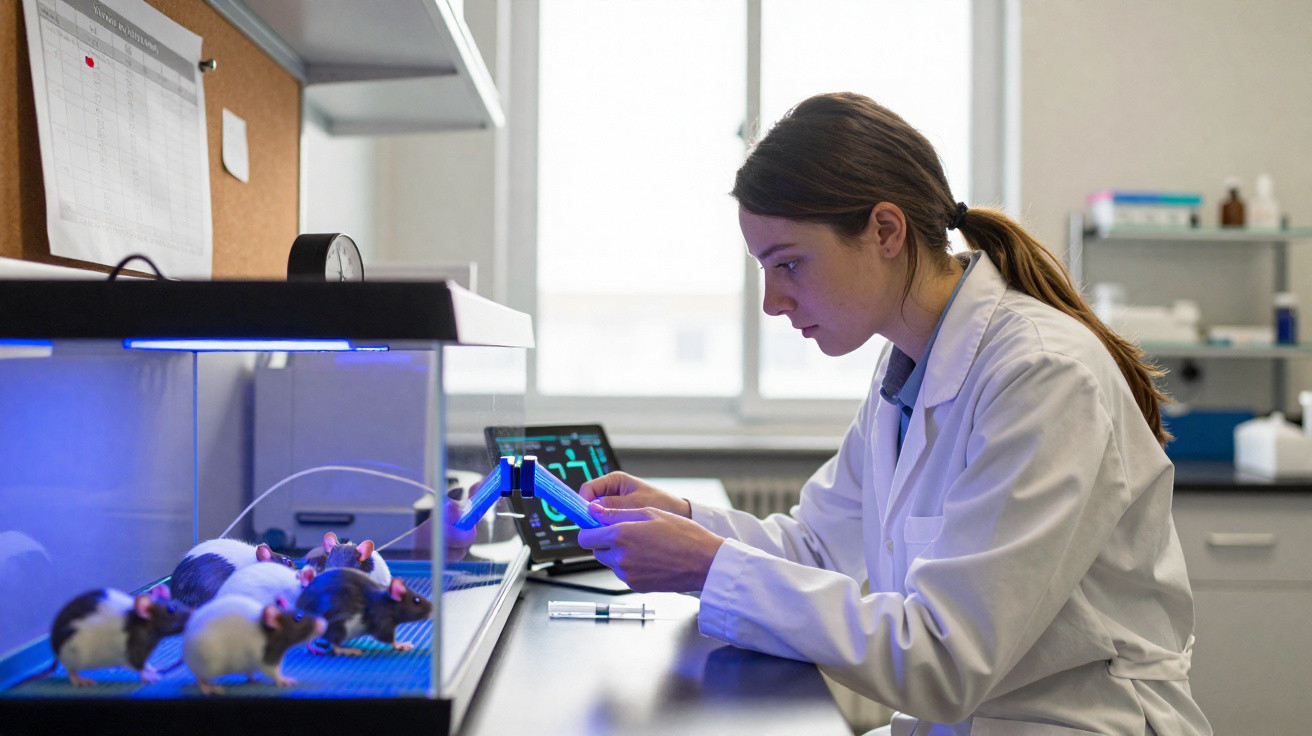 Wissenschaftlerin im Labor mit weißen Kittel untersucht Laborratten in einem Käfig unter UV-Licht.