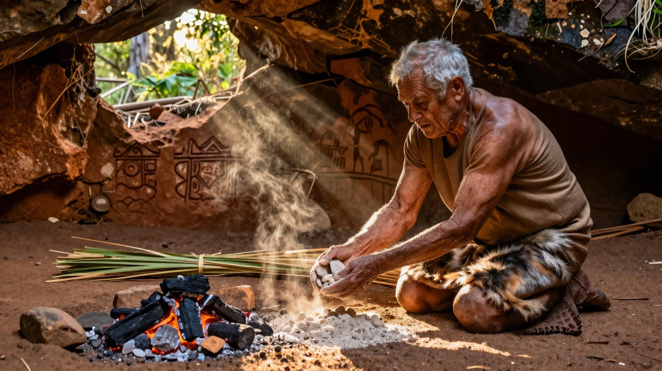 Älterer Mann in traditioneller Kleidung macht Feuer in einer Höhle mit Sonnenstrahlen und Wandmalereien.
