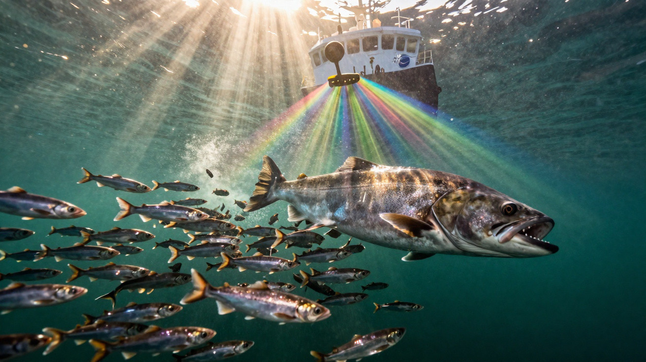 Unterwasseraufnahme eines großen Fisches mit Schwarm kleinerer Fische und Rainbow-Lichtstrahlen von einem Boot.