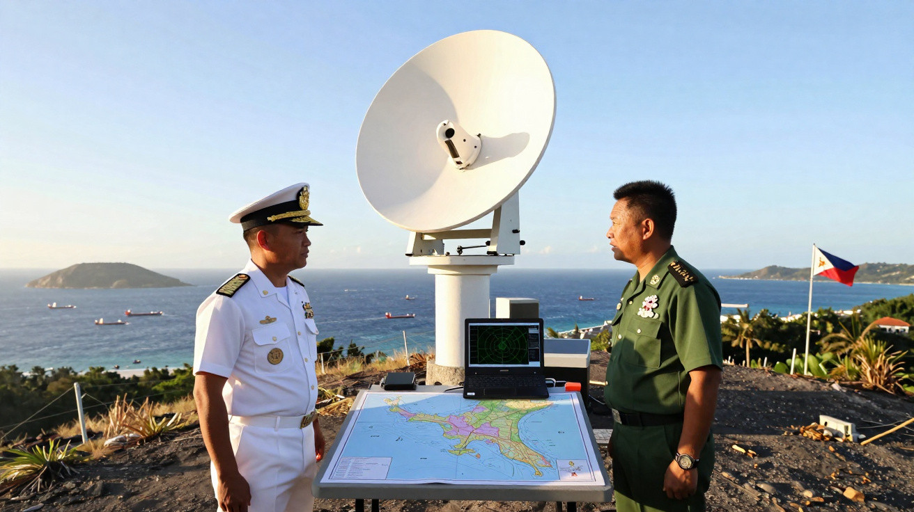 Zwei Militärangehörige vor Radarstation mit Laptop und Landkarte, Meer und Insel im Hintergrund.