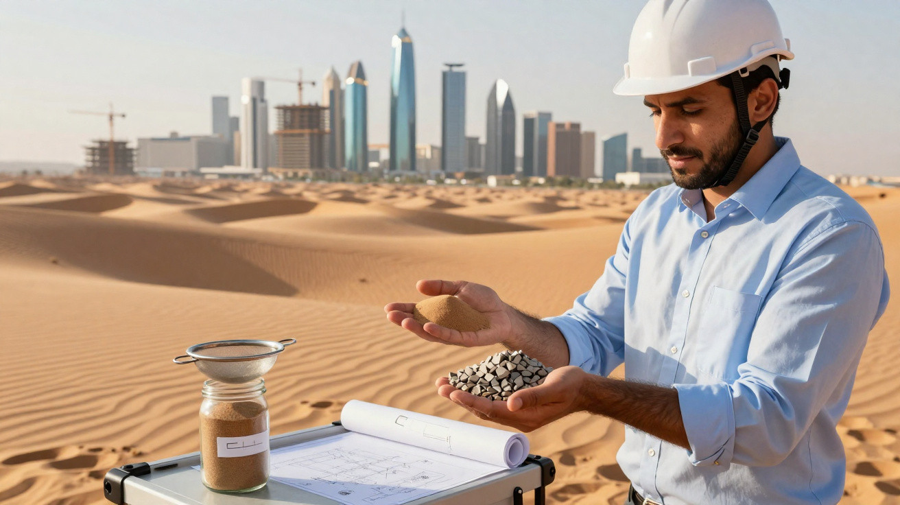 Ingenieur mit Schutzhelm hält Sand und Kies, im Hintergrund Wüstenlandschaft und moderne Stadtgebäude.