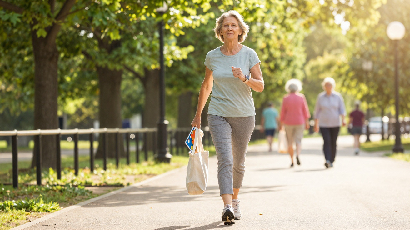 Ältere Frau geht mit Einkaufstasche und Buch auf einem sonnigen Parkweg, weitere Personen im Hintergrund.