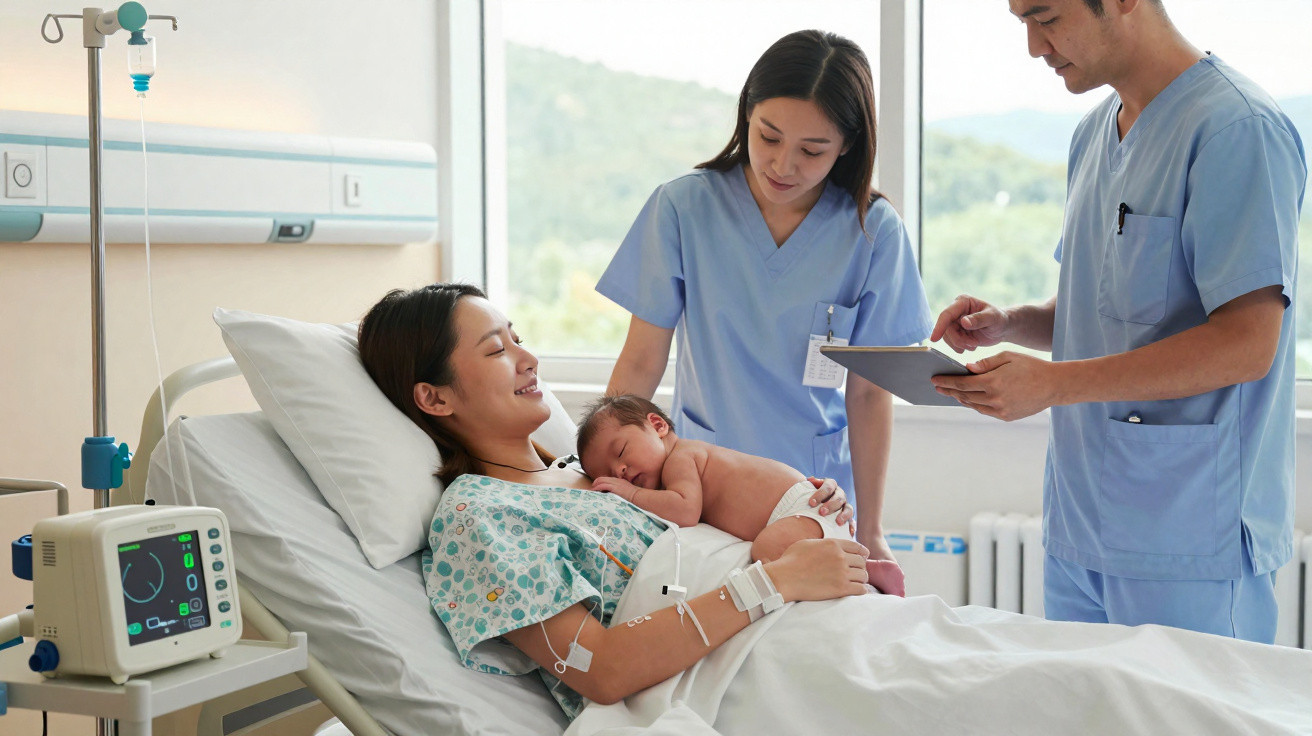 Eine Mutter liegt im Krankenhausbett, hält ihr neugeborenes Baby, während zwei Ärzte sie betreuen.
