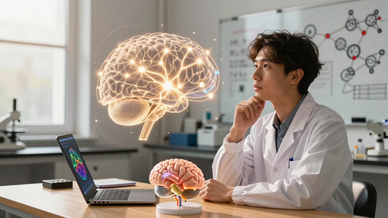 Wissenschaftler im Labor analysiert Gehirnmodell und holografische Darstellung des menschlichen Gehirns am Laptop.