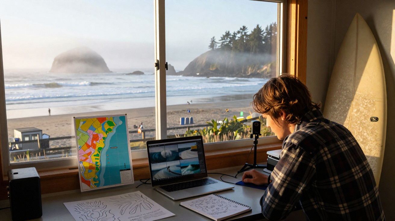 Junger Mann am Schreibtisch mit Laptop und Zeichnungen vor großem Fenster mit Blick auf Strand und Meer.