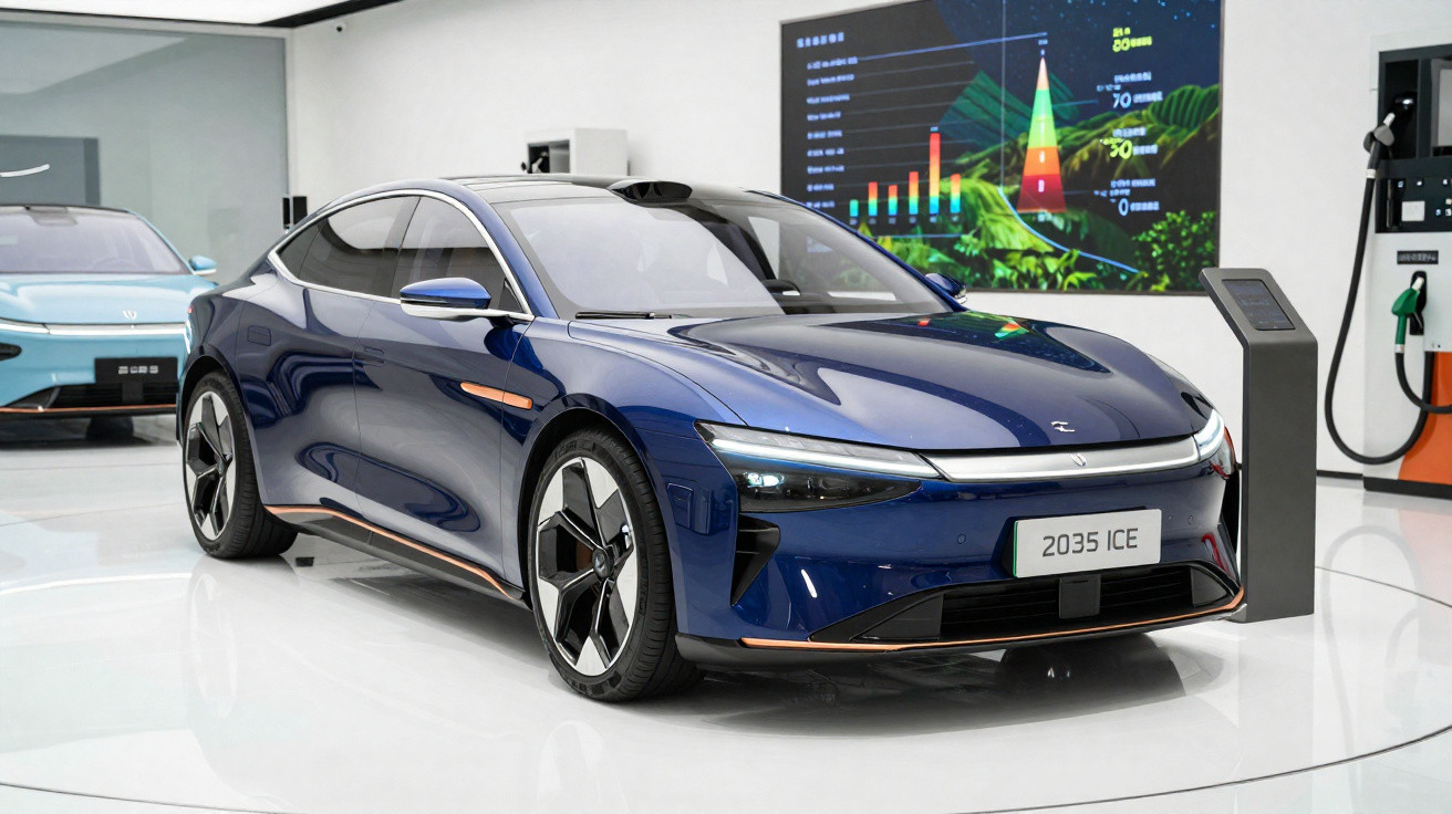 Blaues, futuristisches Elektroauto in Ausstellung mit Infotafel und Ladestation im Hintergrund.
