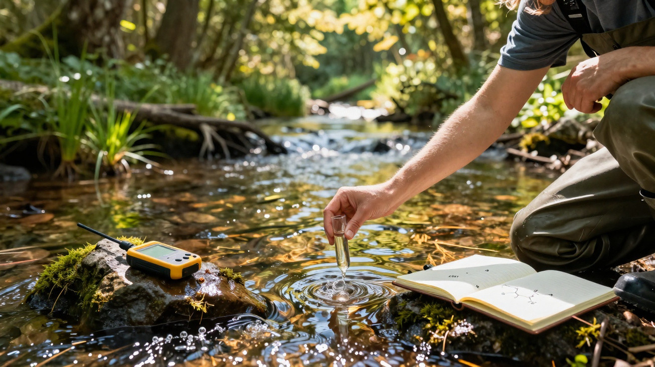 Person entnimmt Wasserprobe aus Bach, neben aufgeklapptem Notizbuch und Messgerät auf moosbedecktem Stein.
