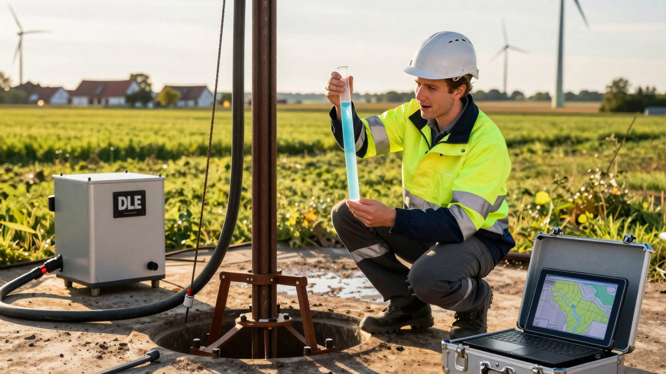 Mann mit Helm und Sicherheitsjacke untersucht Bodenprobe neben Messgerät und Laptop auf Feld vor Windrädern.