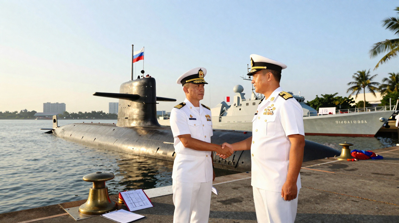 Zwei Marineoffiziere schütteln Hände am Dock vor einem russischen U-Boot und Kriegsschiff bei klarem Himmel.