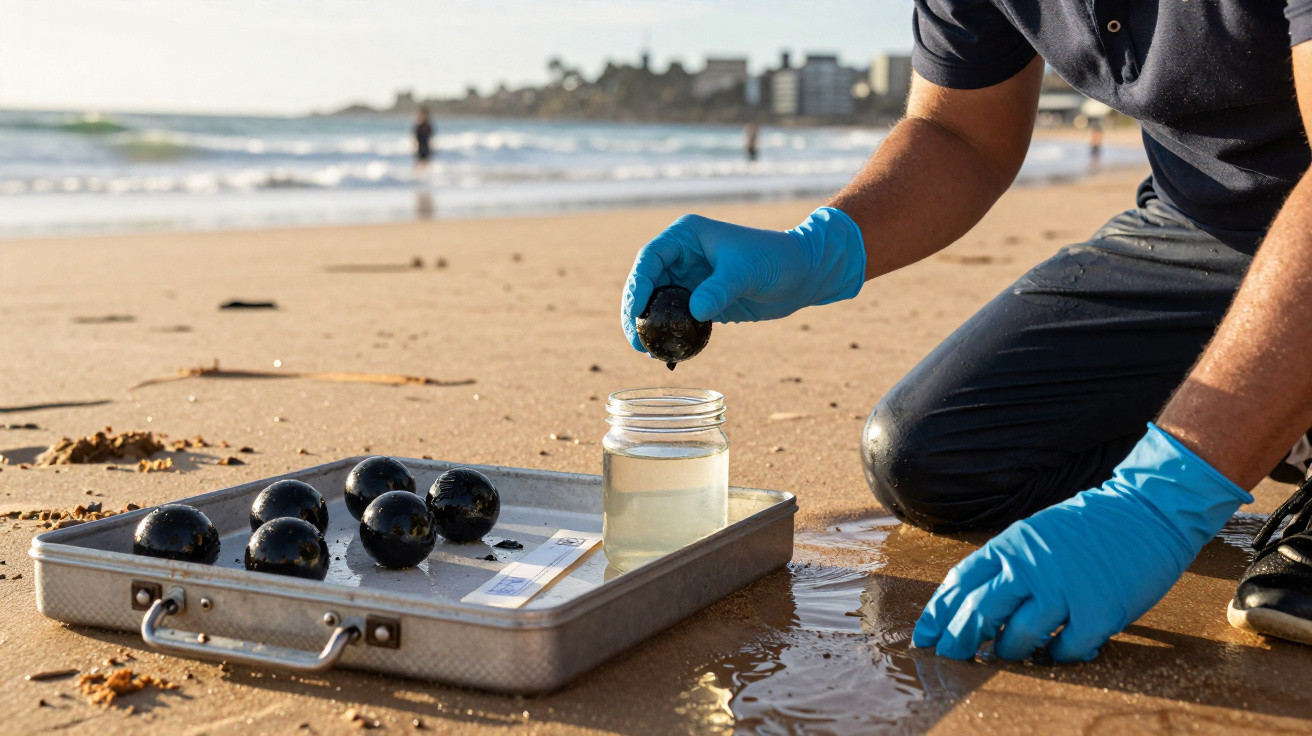 Person mit blauen Handschuhen untersucht schwarze Kugeln am Strand und legt eine in ein Glas mit Flüssigkeit.