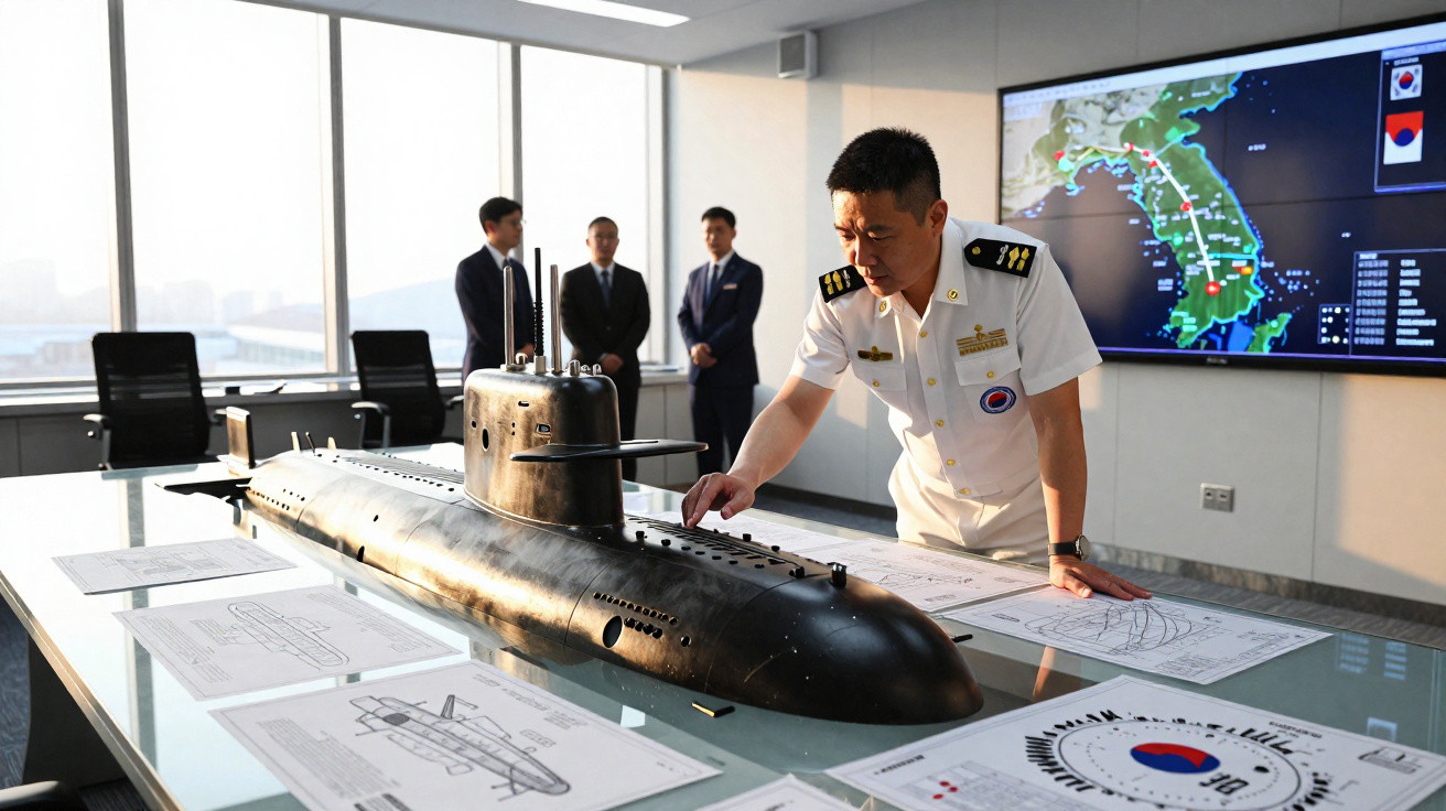 Südkoreanischer Marineoffizier untersucht U-Boot-Modell mit Karten und Plänen in einem Besprechungsraum.
