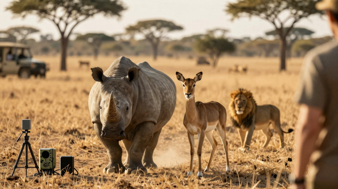 Nashorn, Antilope und Löwe in der afrikanischen Savanne vor einer Kamera und beobachtendem Menschen.