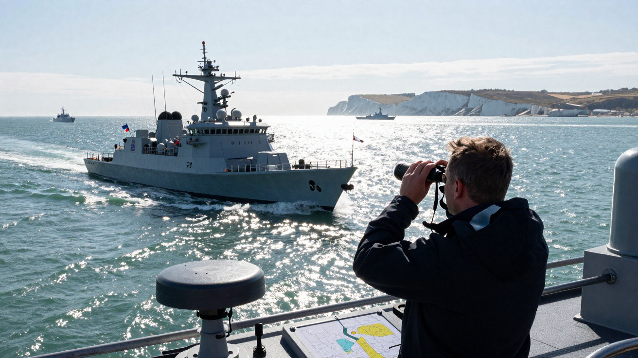 Mann mit Fernglas beobachtet Kriegsschiff auf dem Meer, im Hintergrund weiße Klippen und weitere Schiffe.