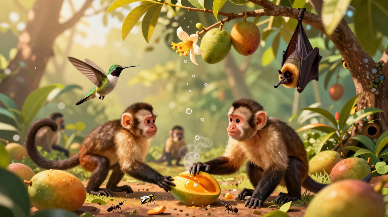 Zwei junge Affen teilen eine aufgeschnittene Mango, umgeben von Mangos, einer Fledermaus und einem Kolibri.