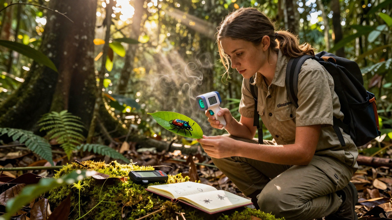 Frau in Feldkleidung untersucht im Wald mit Infrarot-Thermometer einen bunten Käfer auf einem Blatt.
